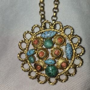 Juliana D&E  Book Piece Turquoise Blue, Coral & Jade Green Cabochon Necklace